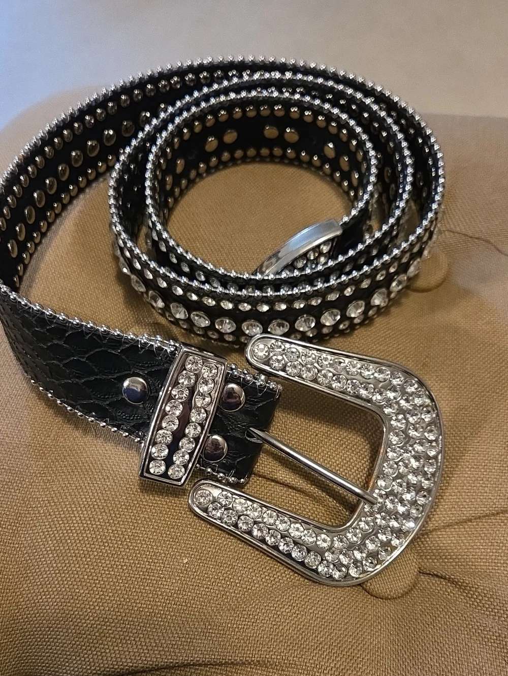 Black Leather Crystal Rhinestone Studded Women's Belt